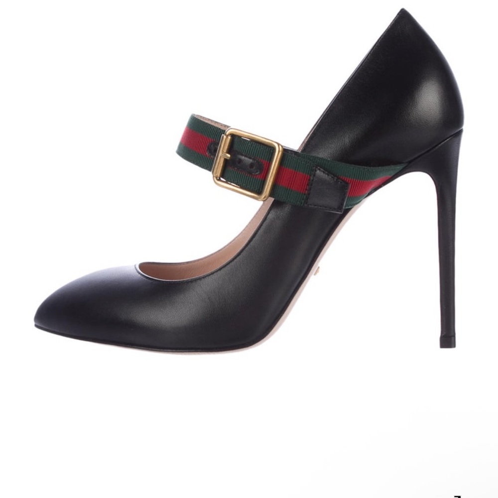 Authentic Gucci Sylvie leather pumps in black Mary Jane web strap Like New size - Picture 2 of 8